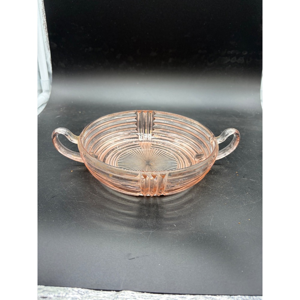 Vintage Pink Depression Glass Ribbed Candy Dish Art Deco Two Handle Nut Bowl